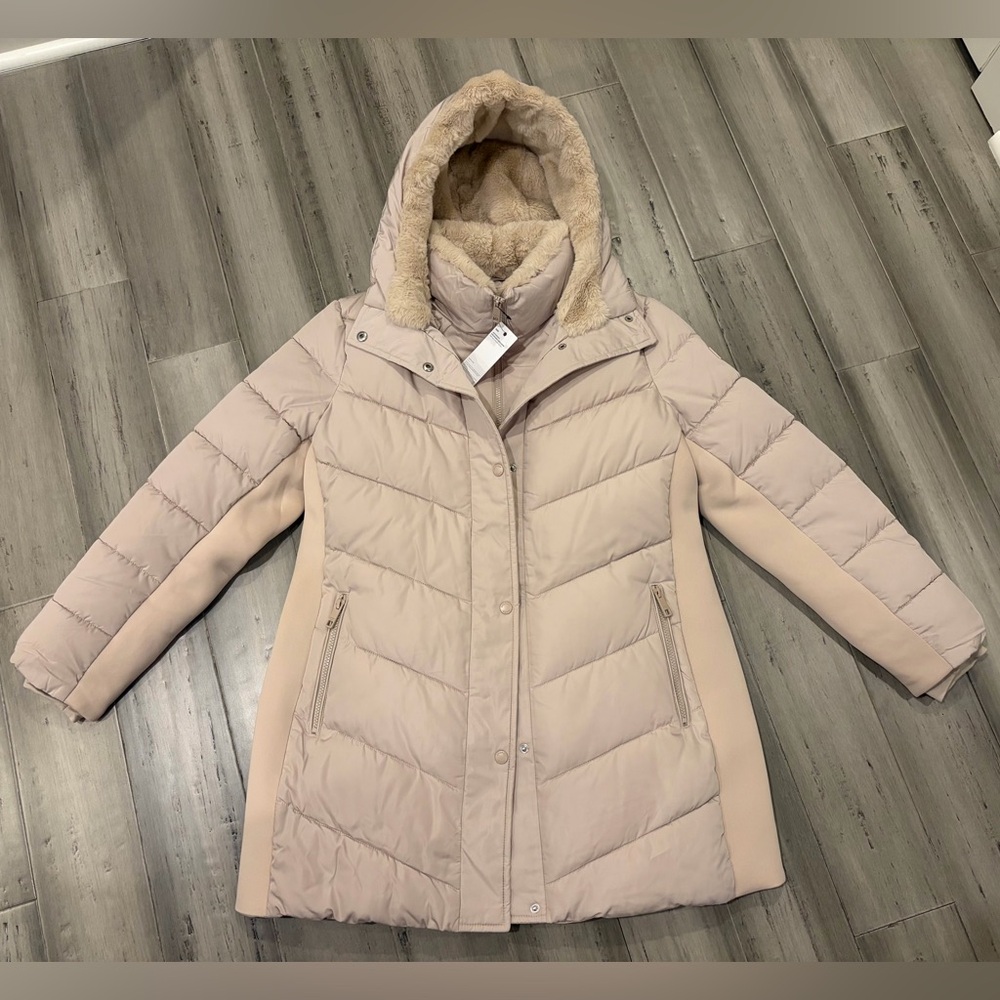 [NWT] Andrew Marc Women's Light Beige Quilted Hooded Puffer Coat